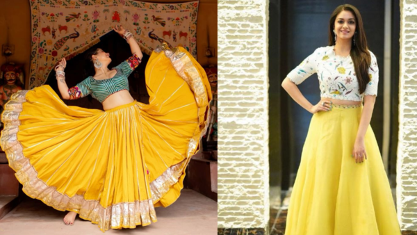 (Image Credits: Pinterest) Long skirt yellow look for Basant Panchami