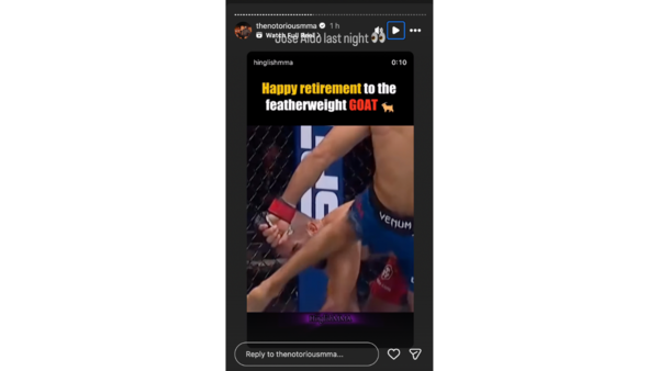 Conor McGregor reacts to Jose Aldo's kick. Image via Conor McGregor/Instagram (screengrab) Conor McGregor reacts to Jose Aldo's kick