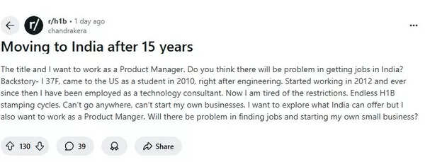 A Reddit user expressed desire to move back to India after spending 15 years in the US. A Reddit user expressed desire to move back to India after spending 15 years in the US.