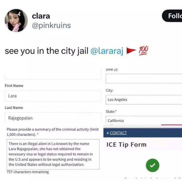 The ICE tip form reporting Lara Rajagopalan viral on social media. The ICE tip form reporting Lara Rajagopalan viral on social media.