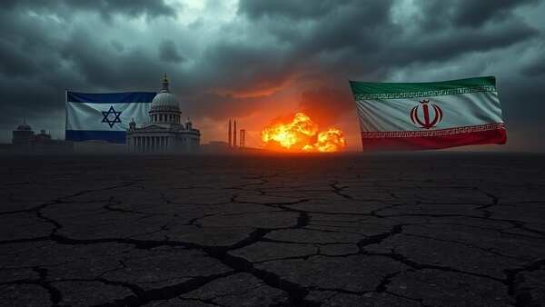 A desolate landscape embodies the potential devastation of nuclear conflict, with symbolic representations of Israel and Iran clashing in the background. Nuclear Threat: Israel and Iran