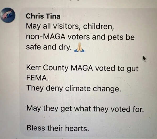Texas pediatrician fired for this post on flood. Texas pediatrician fired for this post on flood.