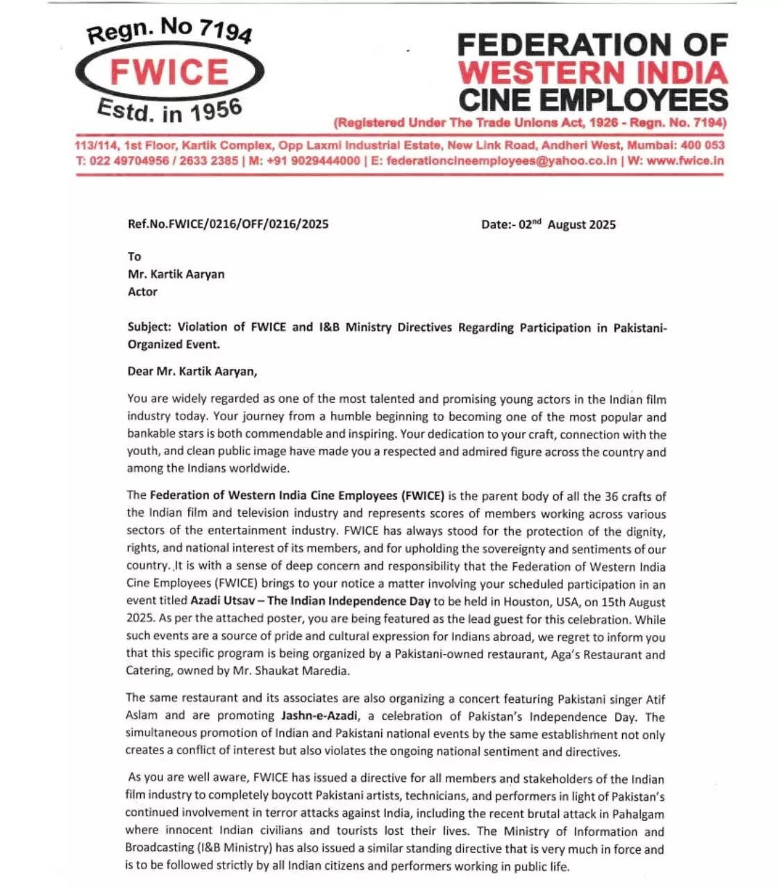 FWICE's letter to Kartik Aaryan