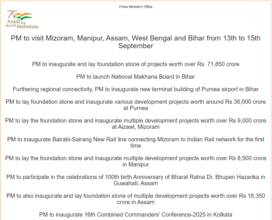 PM to visit five States from September 13 to 15