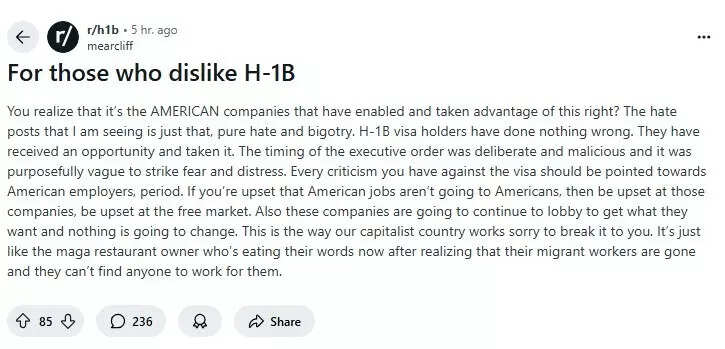 A Reddit post calling out the hate and bigotry targeting H-1B visa holders instead of the US companies that abused the system went viral. A Reddit post calling out the hate and bigotry targeting H-1B visa holders instead of the US companies that abused the system went viral.