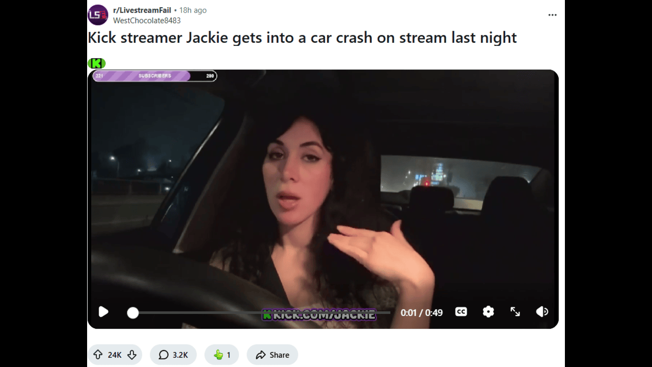Kick streamer Jackie car crash video sparks backlash on Reddit and X