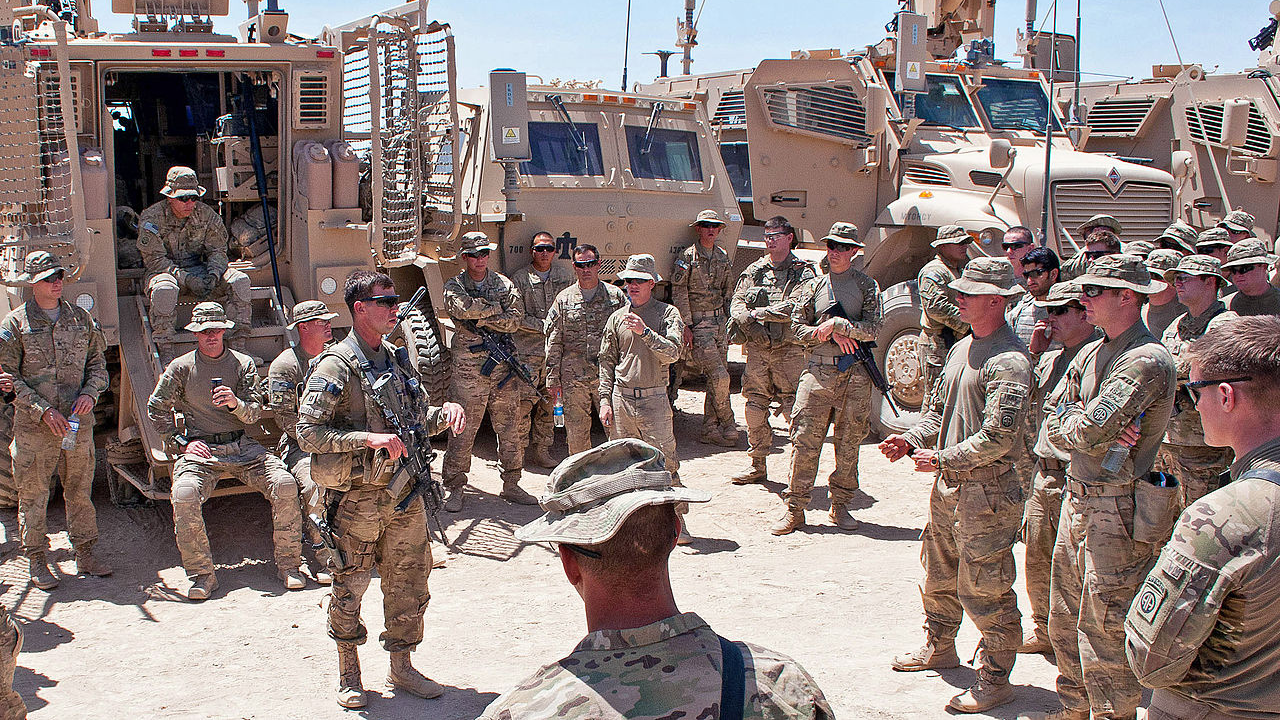 US Army captain briefs 82nd Airborne Division paratroopers before a patrol in Ghazni province, Afghanistan, August 2012.