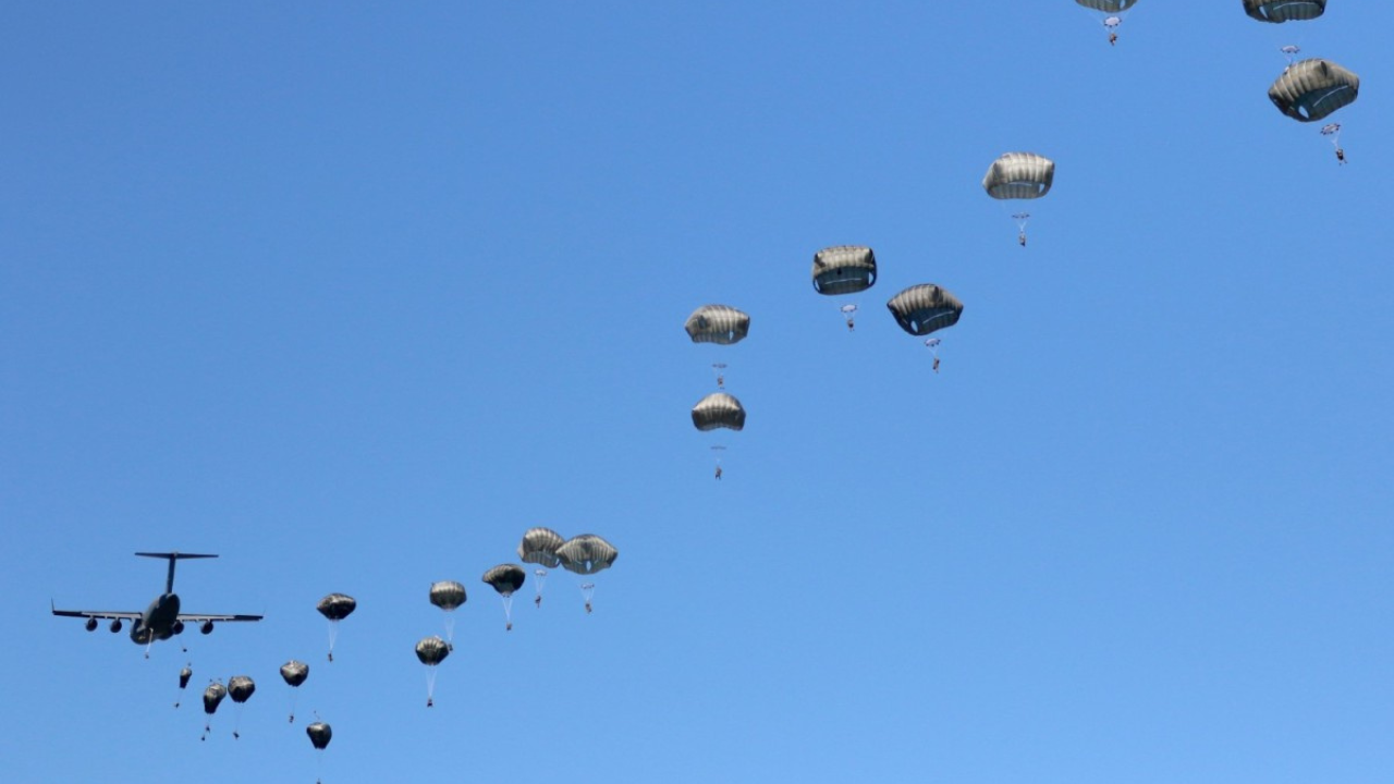 82nd Airborne paratroopers conduct a mass jump during Exercise Swift Response 16 in Torun, Poland, June 7.
