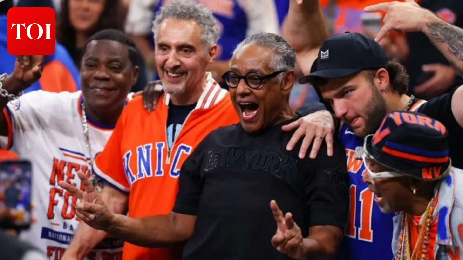 Tracy Morgan, John Turturro and Giancarlo Esposito pose for a photo at Game Five of the 2026 NBA Finals between the San Antonio Spurs and the New York Knicks